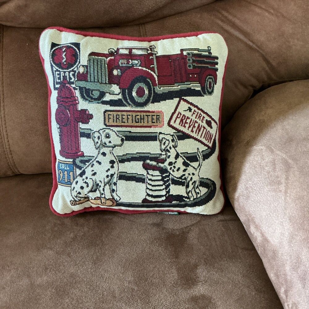 Vtg Goodwin Weavers Firefighter Dalmatian Tapestry Throw Pillow Woven 911 EMS